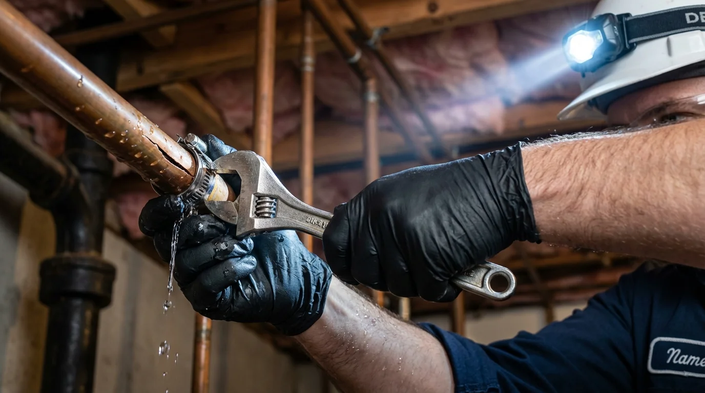Emergency pipe clamp repair being performed by a Johns Plumbing LLC plumber in Mills River