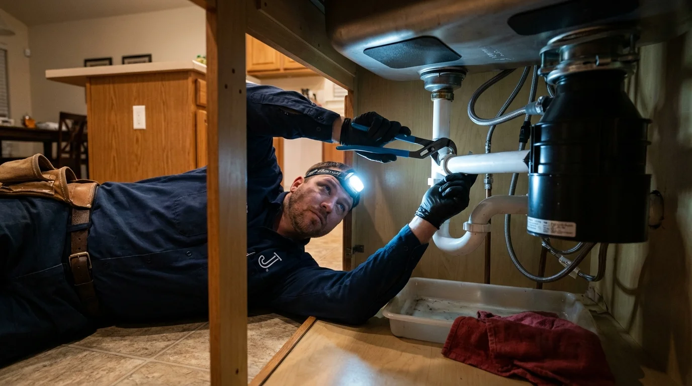P-trap and supply line connections under a kitchen sink showing a common leak point in Mills River, NC